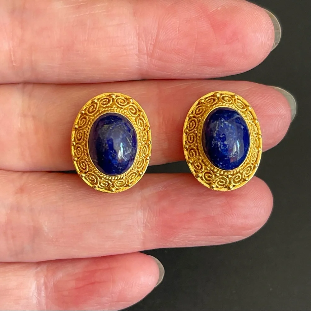 New Chinese export filigree gold over s silver genuine lapis clip on earrings.